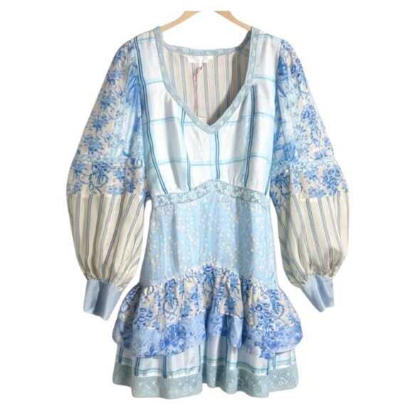 NWT LoveShackFancy Silk Blue Mixed Print Patchwork Lace Tiered Mini Dress 10 - Picture 6 of 10
